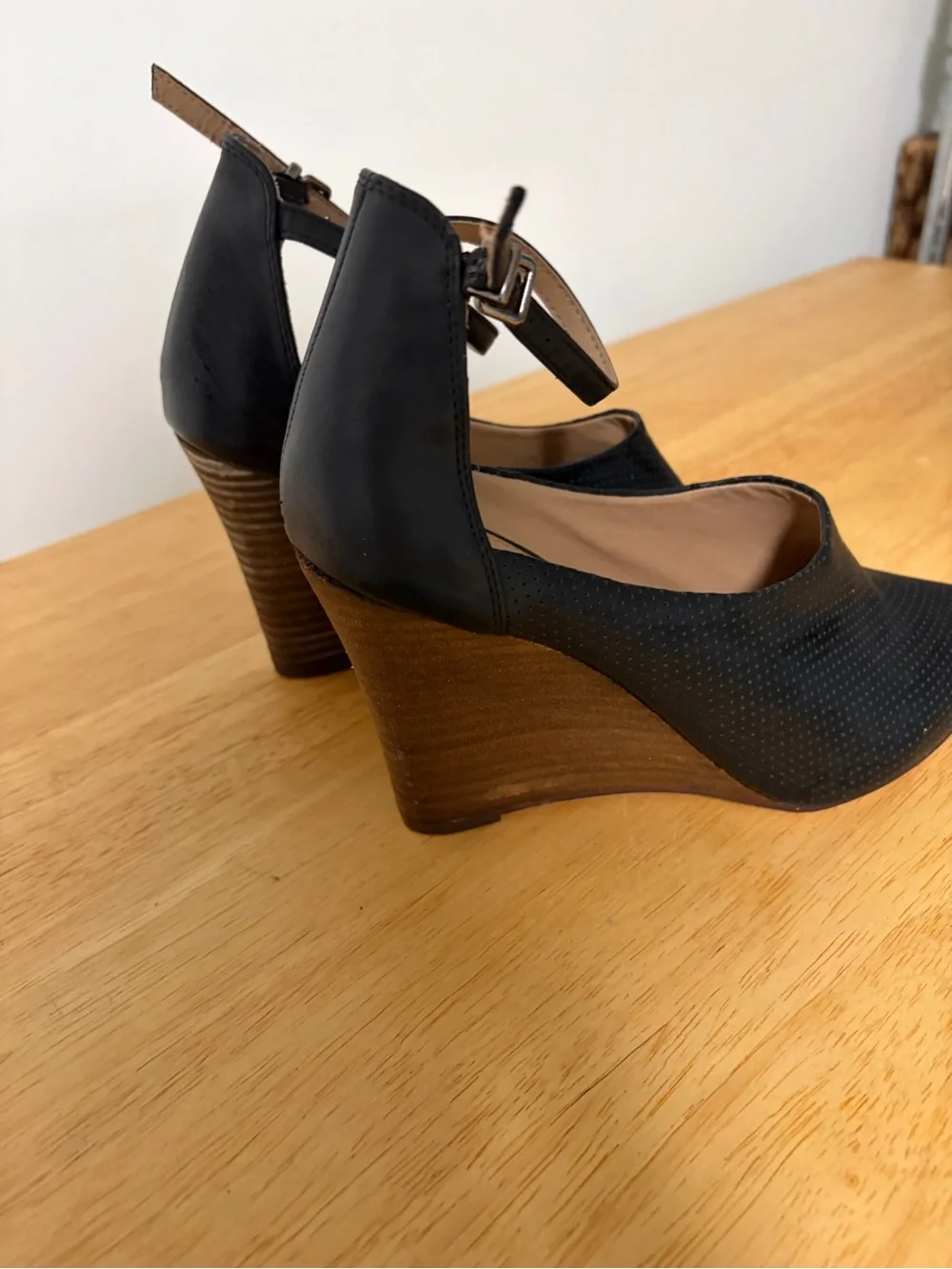 Black Perforated Pointed-Toe Ankle Strap Heels